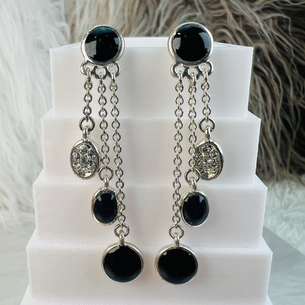 Beautiful, black enamel silvertone, bling costume pierced dangle earrings